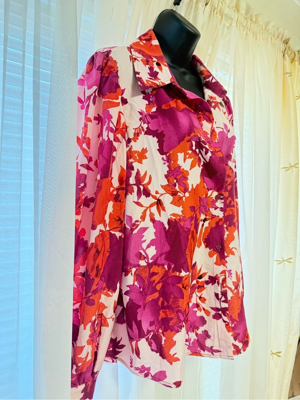 Vibrant Floral Button-Up Blouse in Pink, Fuchsia & Orange